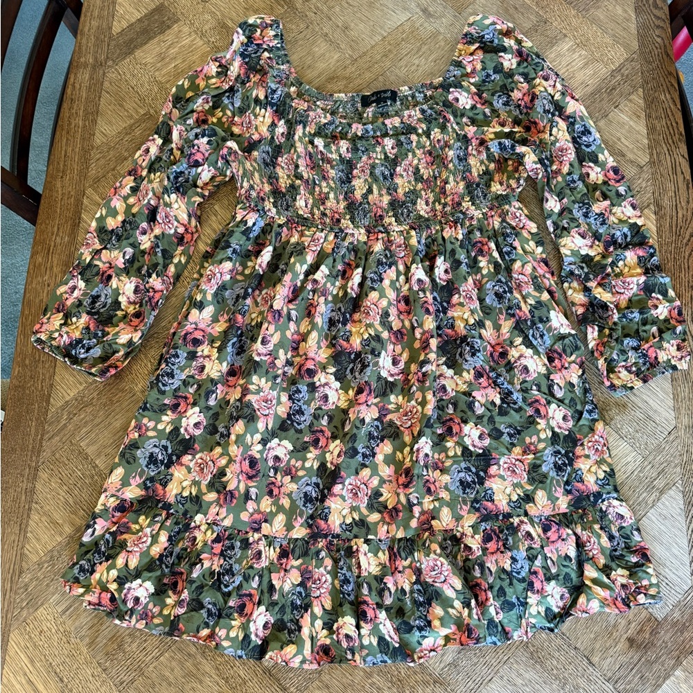 Smocked Floral Midi Dress in Olive with Pink Roses